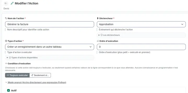 Formulaire d'une automatisation du tableau Devis : action « Générer la facture », déclencheur « Approbation », type « Créer un enregistrement dans un autre tableau », condition « Toujours exécuter ».